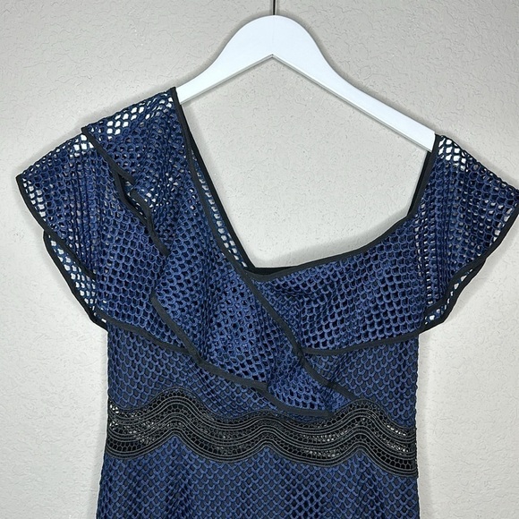 Saylor Luca Mini Dress Drop One Shoulder Navy Blue Mesh size Medium - Picture 5 of 16